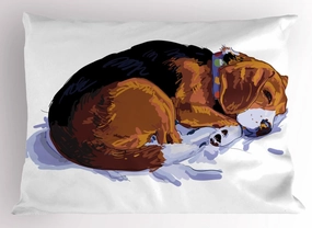 Ambesonne Beagle Pillow Sham Set of 2, Sketch Drawing Doodle Style Loyal Friend Sleeping on Plain Backdrop, Quality Microfiber Bedding Item for All Seasons, 30" x 20", Black Pale Caramel