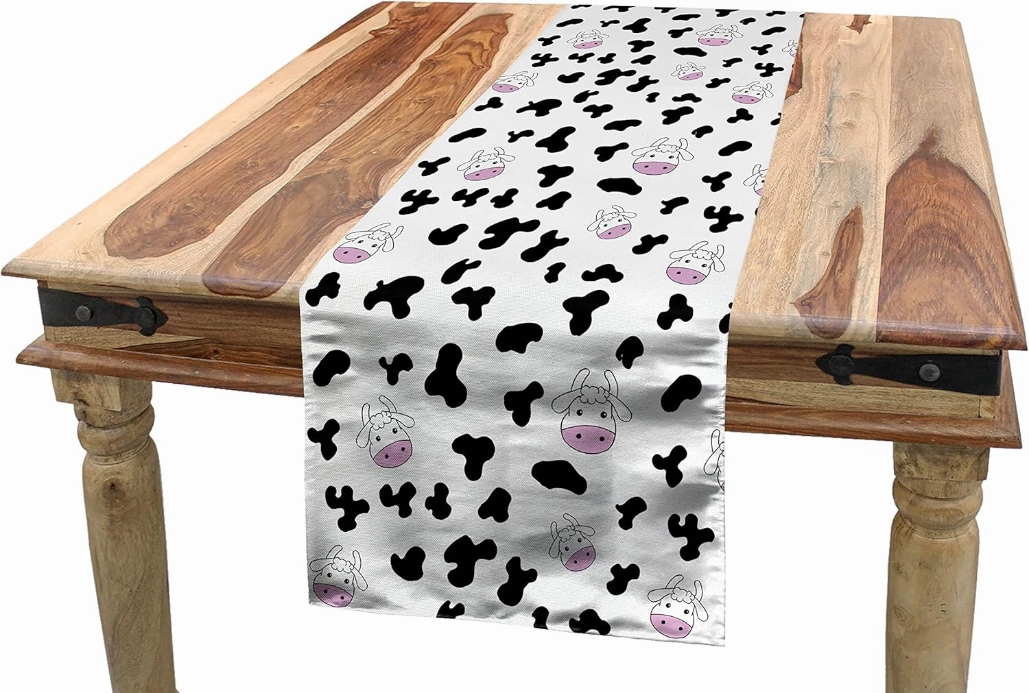 Ambesonne Cow Print Table Runner, Animal Cow Hide Pattern Doodle Cartoon Drawing Farming Husbandry, Dining Room Kitchen Rectangular Runner, 12" X 72", Black Pink