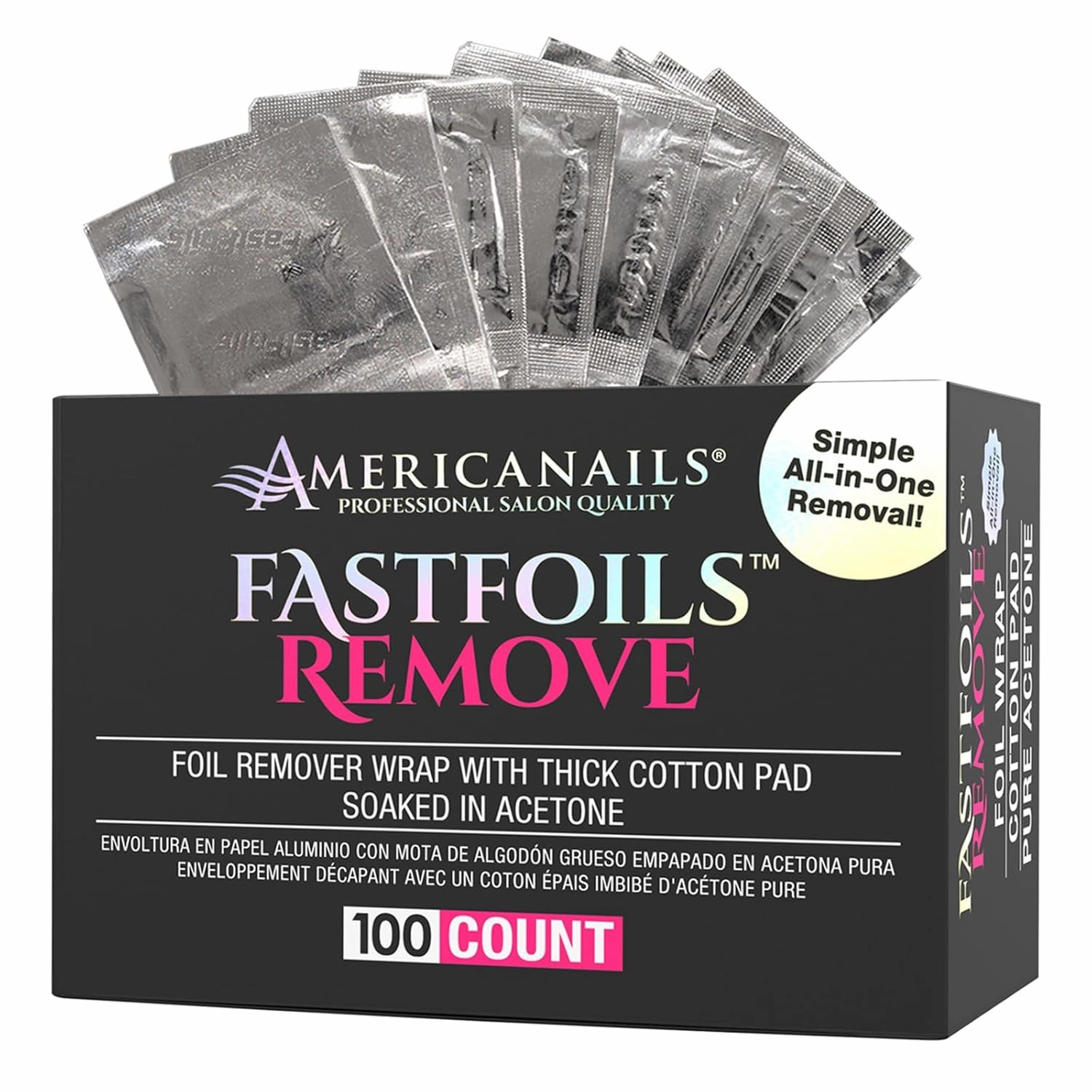 Americanails FastFoils 100 ct, One Step Gel Polish Foil Remover Wraps, All-In-One Foil Remover With Thick Cotton Pad & Pure Acetone, Remove Nail Polish, Gel Polish, Gel Nails, Acrylic Nails, Dip Nails