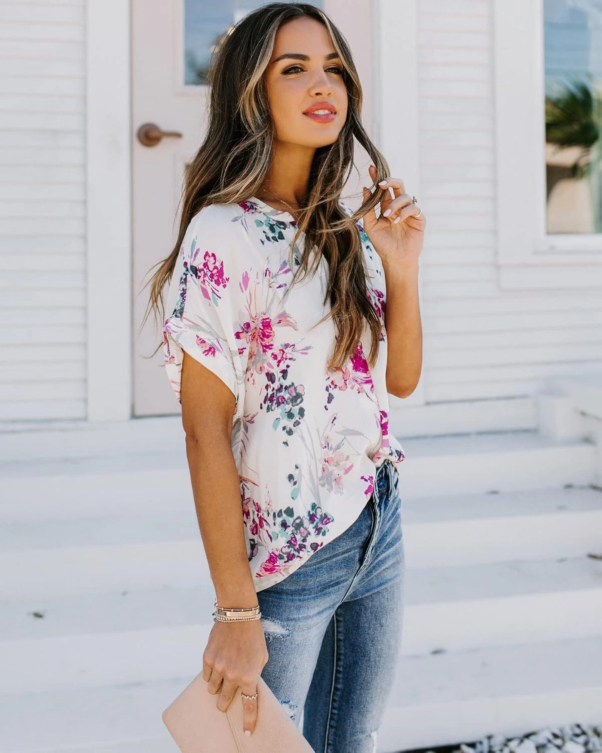 ANCAPELION Women’s Summer Chiffon Blouse Casual Short Sleeve V Neck Shirt Loose Printed Cuffed Sleeve Tunic Tops for Women