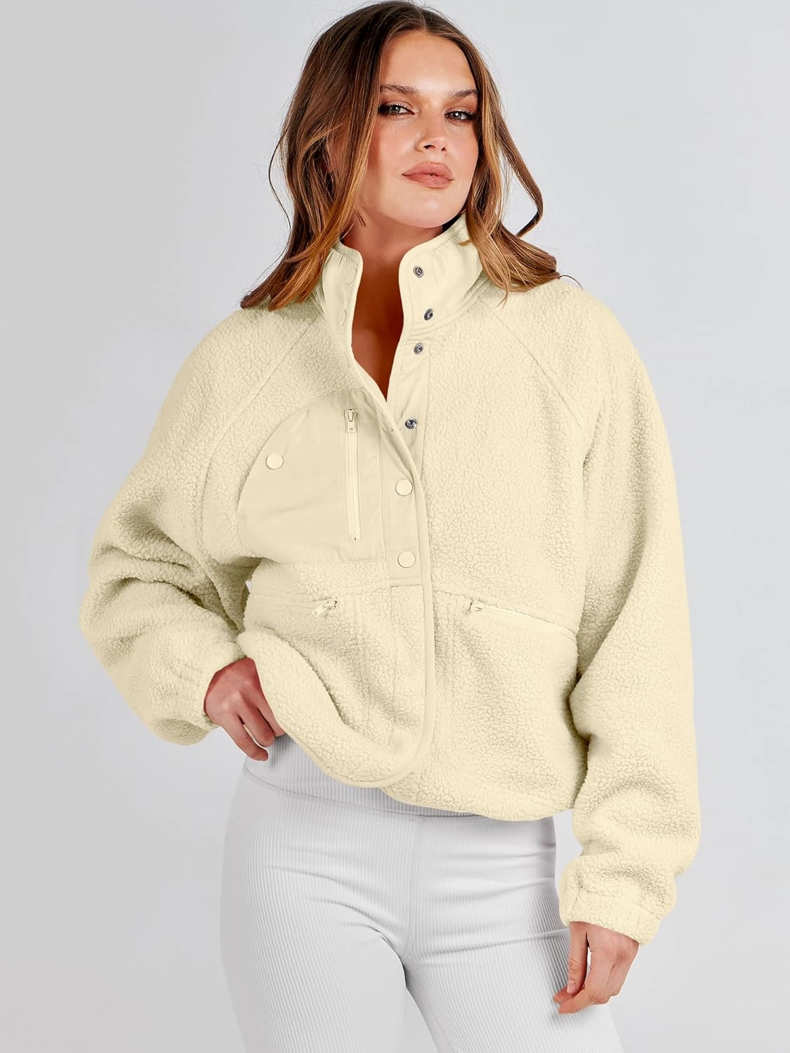 ANRABESS Womens Fuzzy Fleece Jacket Fall Casual Long Sleeve Cropped Sherpa Button Down Shacket Coats Outwear With Pockets