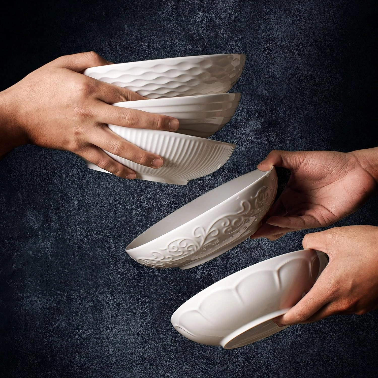 Artena Pasta Bowls 32oz, Ceramic Large Salad Bowls 8 inch, White Soup Bowl Set of 4 for Serving, Entertaining, Dinner, Wide Shallow Microwave Dishwasher Oven Safe, Embossed Crown