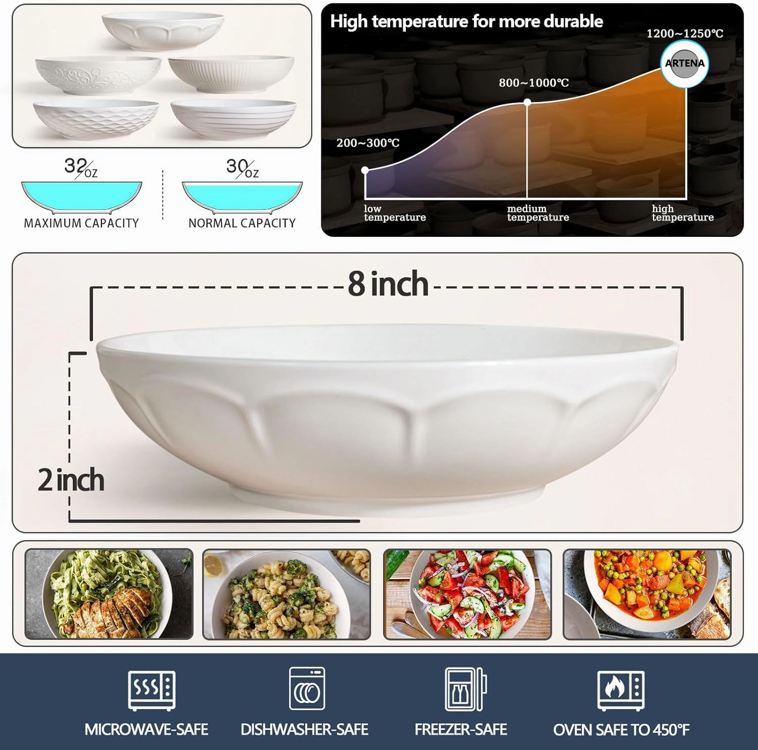 Artena Pasta Bowls 32oz, Ceramic Large Salad Bowls 8 inch, White Soup Bowl Set of 4 for Serving, Entertaining, Dinner, Wide Shallow Microwave Dishwasher Oven Safe, Embossed Crown