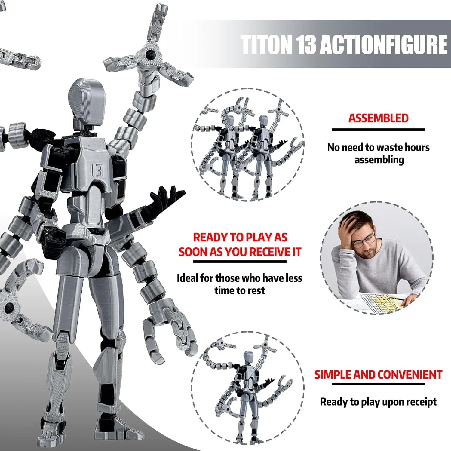 Assembly Completed T13 Action Figure 3D Printed Multi-Jointed Movable T 13 Lucky 13 Dummy 13 Nova 13 Robot 13 Action Figure Desktop Decorations for Game Lovers (Grey, 7.2 Inch)
