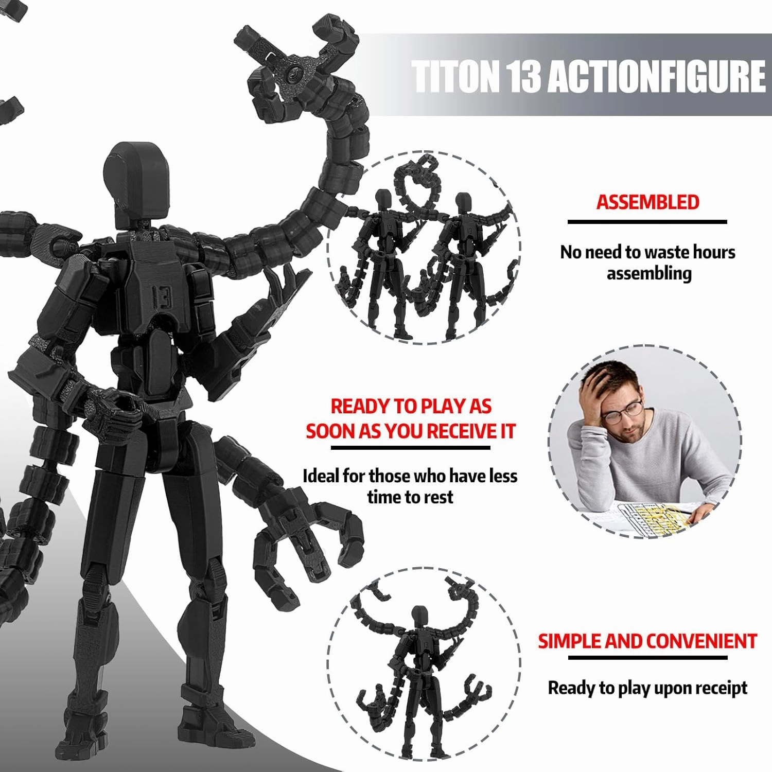 Assembly Completed 7.2inch T13 Action Figure 3D Printed Multi-Jointed Movable T13 Nova 13 Robot 13 Action Figure Desktop Decorations for Game Lovers (Black2)