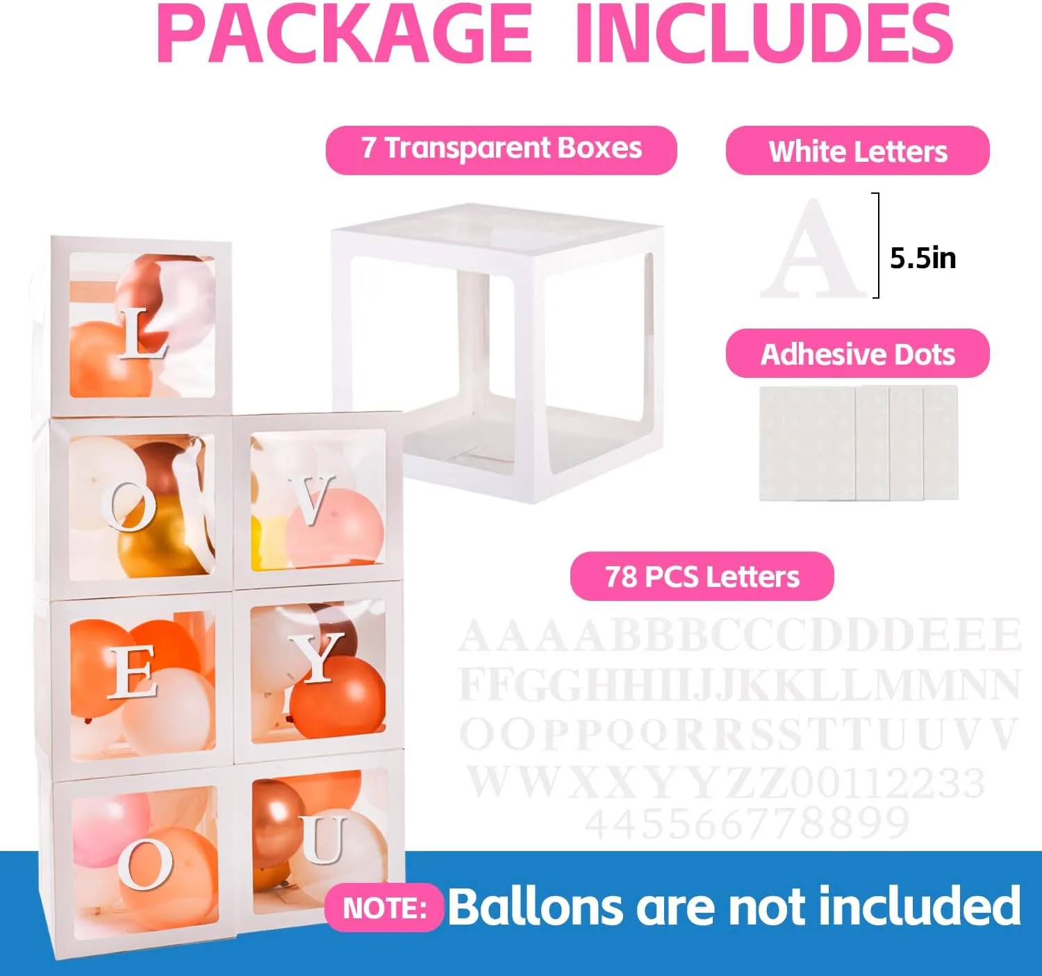 Baby Boxes for Baby Shower White Clear Balloon Box Blocks Gender Reveal Decorations and Birthday Party (7 PCS Balloon Box-78 Letter)