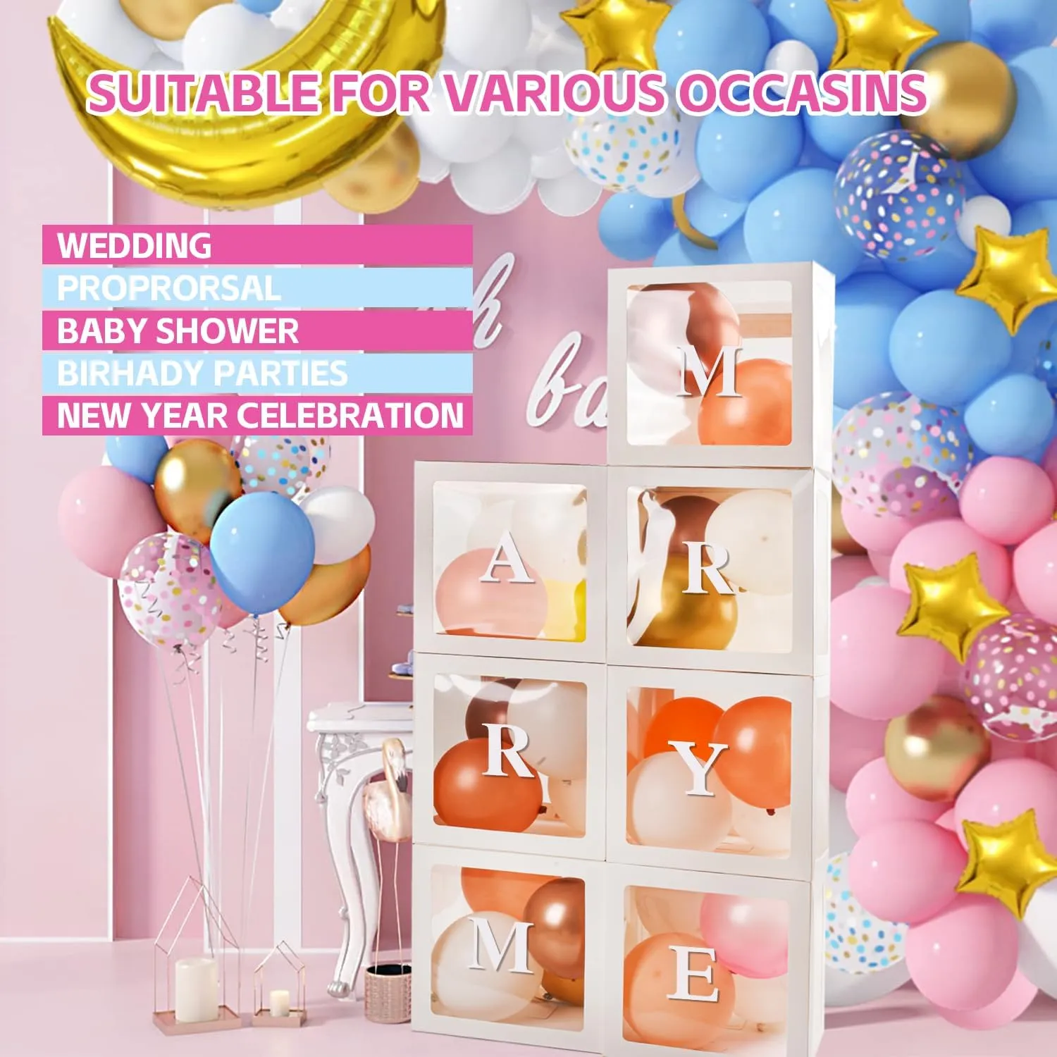 Baby Boxes for Baby Shower White Clear Balloon Box Blocks Gender Reveal Decorations and Birthday Party (7 PCS Balloon Box-78 Letter)