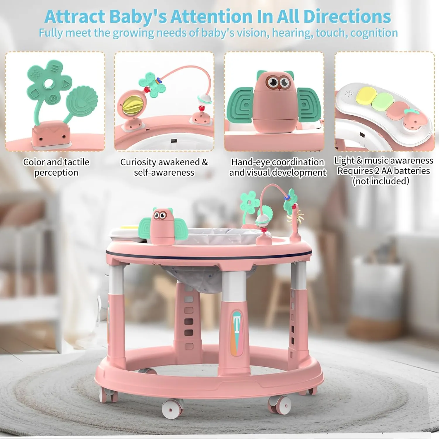 Baby Walker with 5 Adjustable Heights and 360 Degree Swivel Seat - Activity Center for Boys & Girls Babies 7-18 Months, Includes Music, Detachable Toys, Bounce Foot Pad