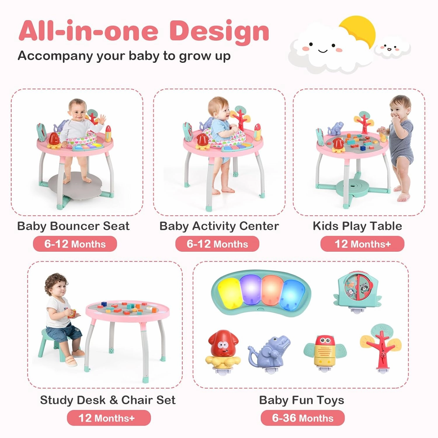 BABY JOY 5 in 1 Baby Activity Center, Baby Jumpers and Bouncers with Removable Toys, Lights & Music, 3 Adjustable Heights, Interactive Play Center for Toddlers Boys Girls 6-36 Months (Pink)