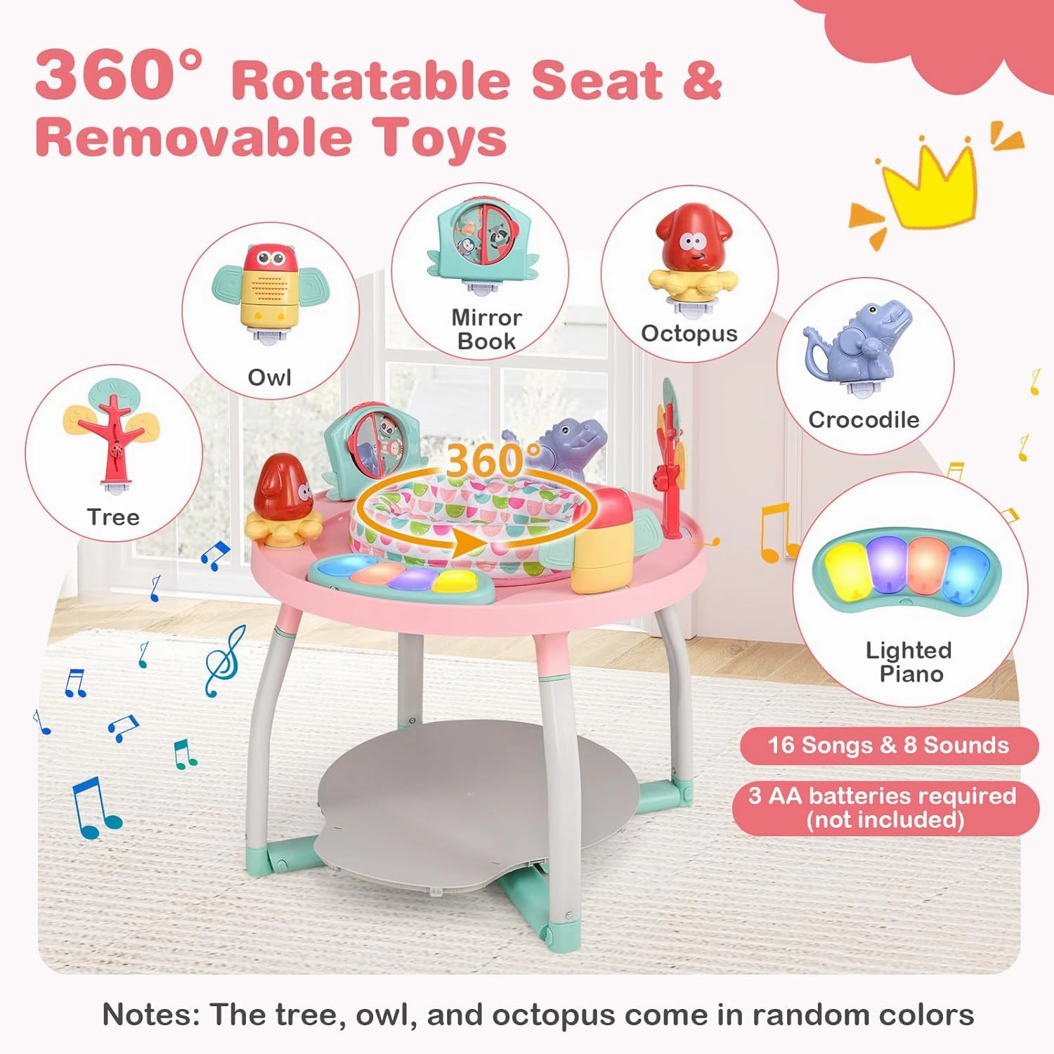 BABY JOY 5 in 1 Baby Activity Center, Baby Jumpers and Bouncers with Removable Toys, Lights & Music, 3 Adjustable Heights, Interactive Play Center for Toddlers Boys Girls 6-36 Months (Pink)