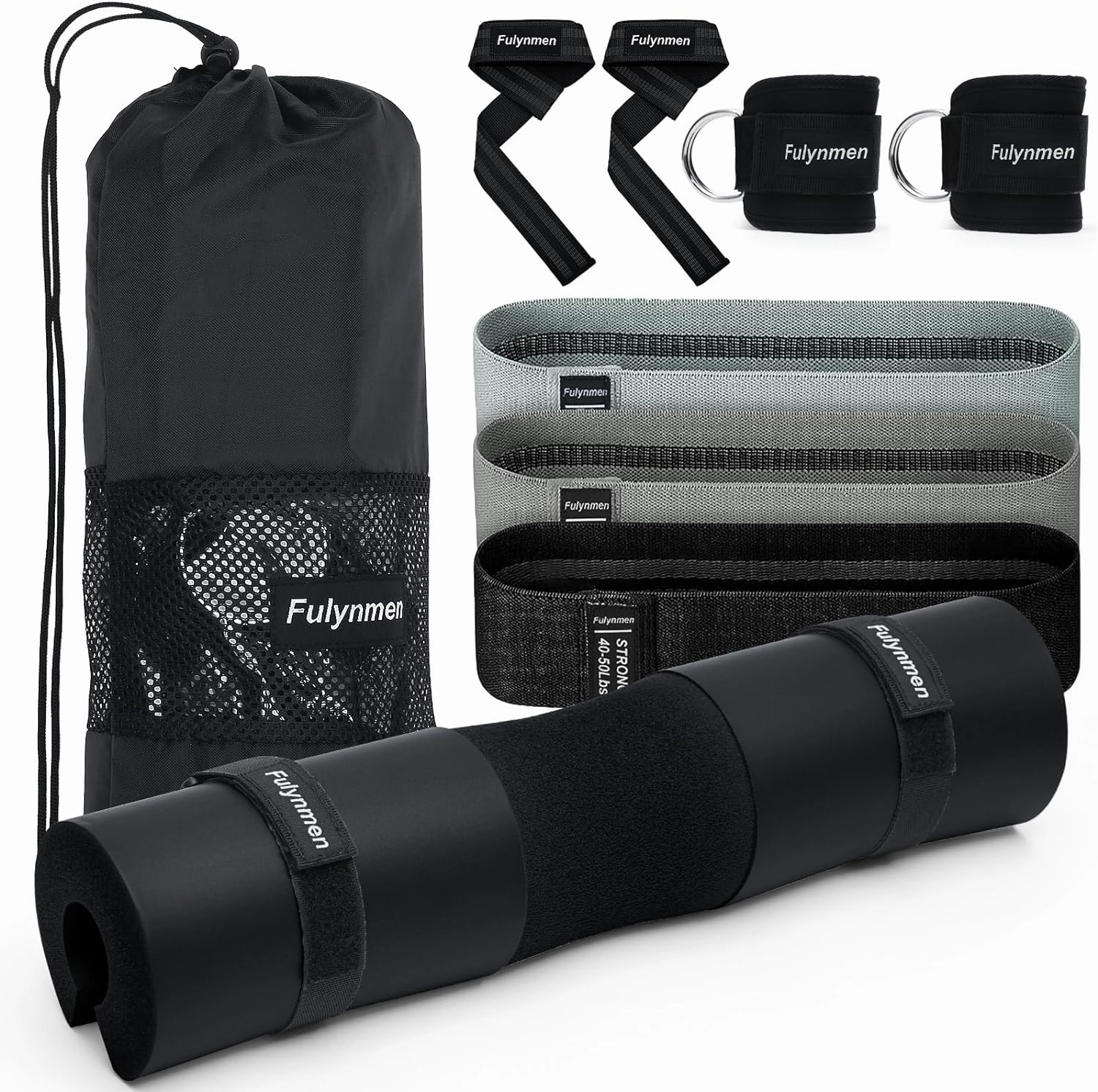 Barbell Pad Set with Hip Thrust Squat Pad Lifting Wrist Straps Ankle Straps for Cable Machines Resistance Bands Carry Bag Gym Accessories