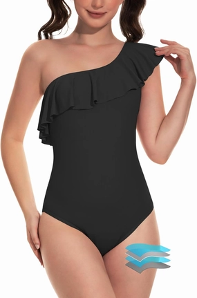 Beautikini Period Swimwear One Piece Menstrual Leakproof Swimsuit One Shoulder Ruffle Bathing Suits for Girls Teens