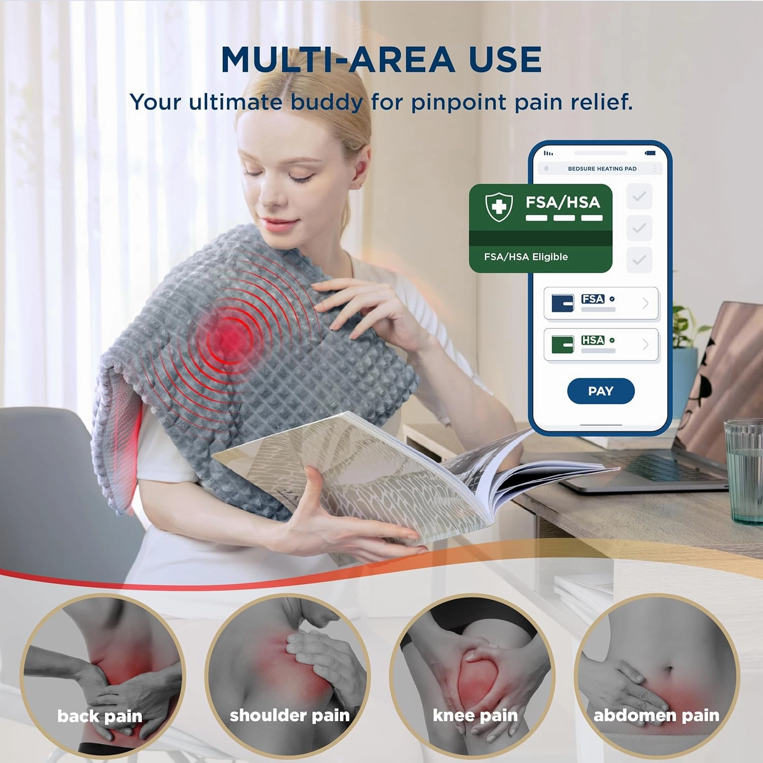 Bedsure Back Heating Pad for Neck and Shoulders, Weighted Heated Pad with Vibration, FSA HSA Eligible, Mother's Day & Birthday Gifts for Women Men Mom, Auto Shut Off, 5lbs 12" x 24", Grey
