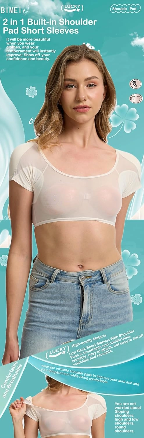 BIMEI Women Shoulder Pad Short Sleeves Padded Tank Top Shirt Soft Underwear Underarm Sweat Vest