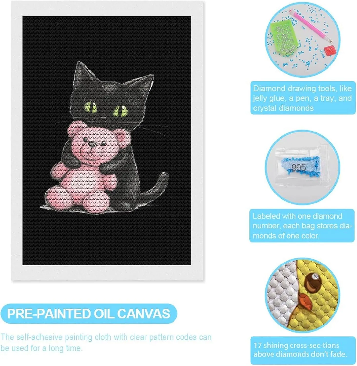 Black Cat Friend Teddy Bear Diamond Art Painting Kits Craft for Home Wall Decor for Adults DIY Gift 8"x12"