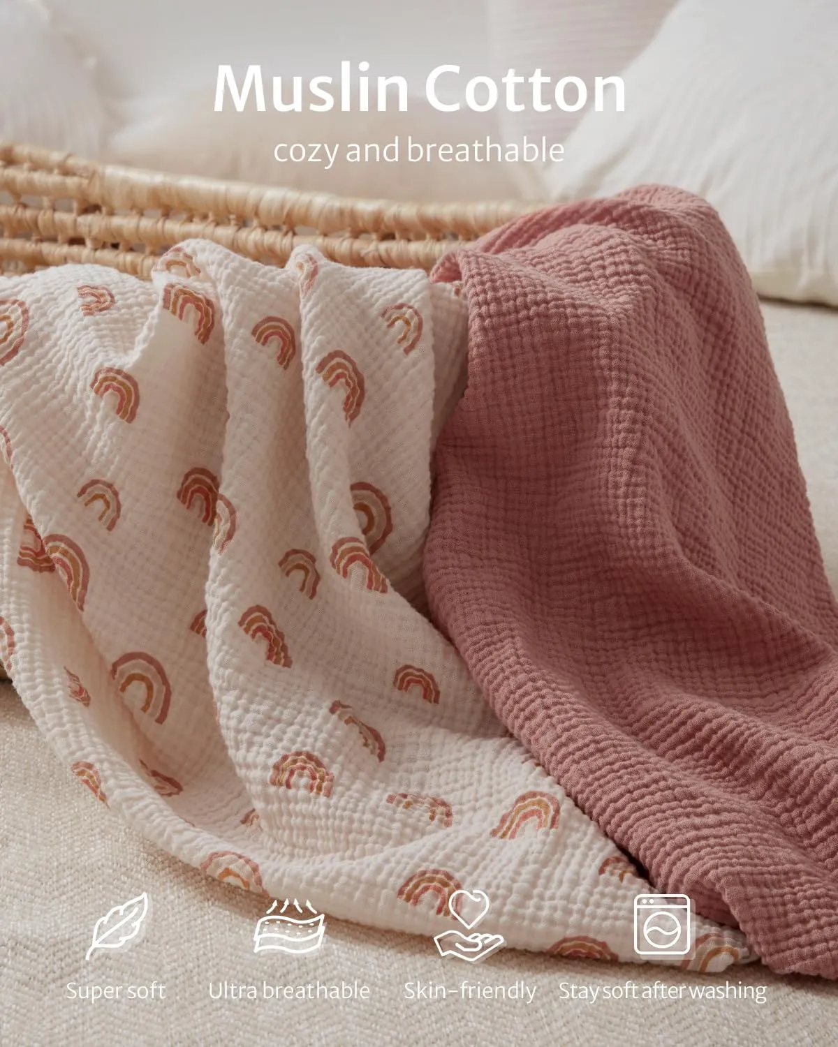 Blissful Diary Muslin Changing Pad Cover for Girls Boys, Ultra Soft Breathable Cotton, Baby Diaper Change Table Pad Covers, 2Pack (Dusty Pink&Rainbow)