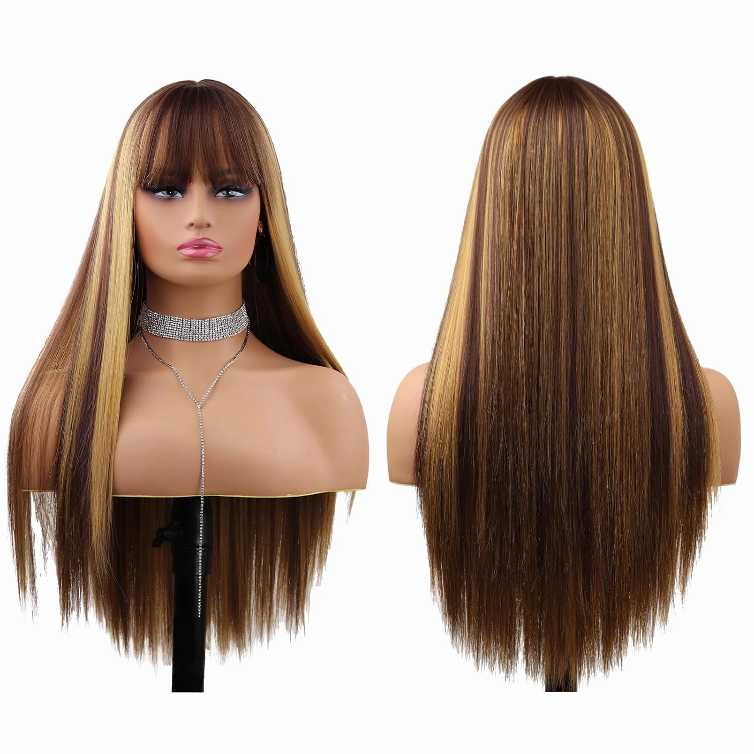Blonde Highlight Wig, Blonde Mix Brown Wig With Bangs, Natural Silky Soft Synthetic Heat Resistant Fiber Wigs Hair For Daily Party Use 24 Inches ﻿