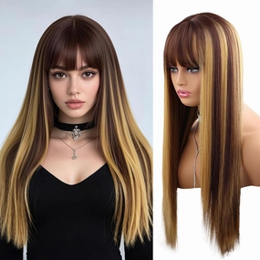 Blonde Highlight Wig, Blonde Mix Brown Wig With Bangs, Natural Silky Soft Synthetic Heat Resistant Fiber Wigs Hair For Daily Party Use 24 Inches ﻿