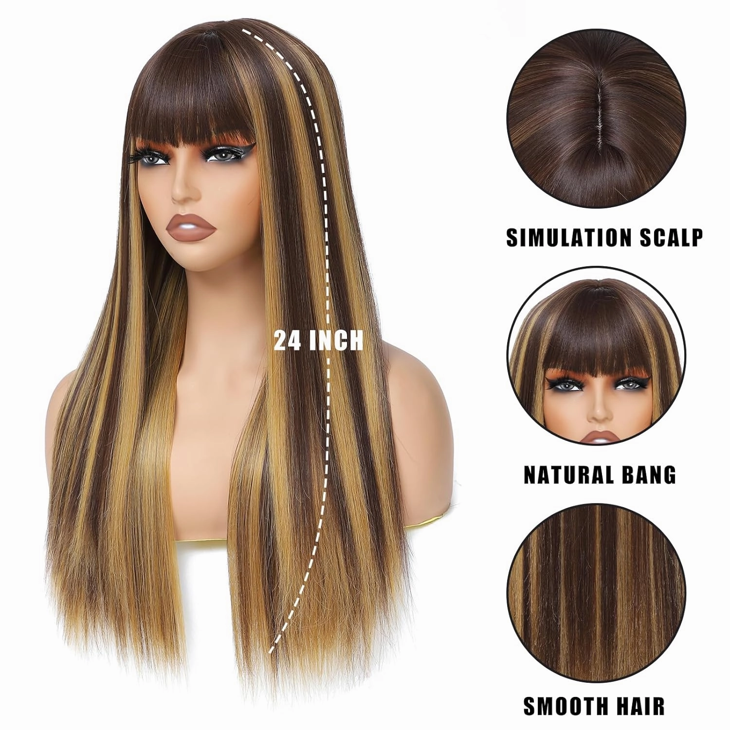 Blonde Highlight Wig, Blonde Mix Brown Wig With Bangs, Natural Silky Soft Synthetic Heat Resistant Fiber Wigs Hair For Daily Party Use 24 Inches ﻿