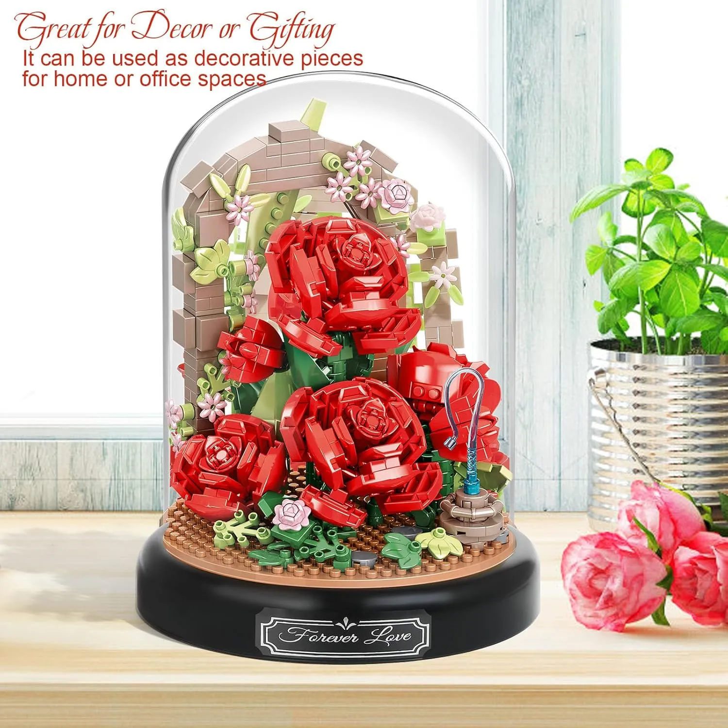 Blooming Red Roses Building Set for Adults, 574 PCS Botanical Collection with Dust Cover – Romantic Rose Bouquet Bonsai Blocks, Perfect Valentine’s Day Gift for Women and Girls