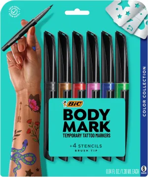 BODYMARK BIC Temporary Tattoo Markers for Skin, Color Collection, Flexible Brush Tip, 6-Count Pack of Assorted Colors, Skin-Safe*, Cosmetic Quality