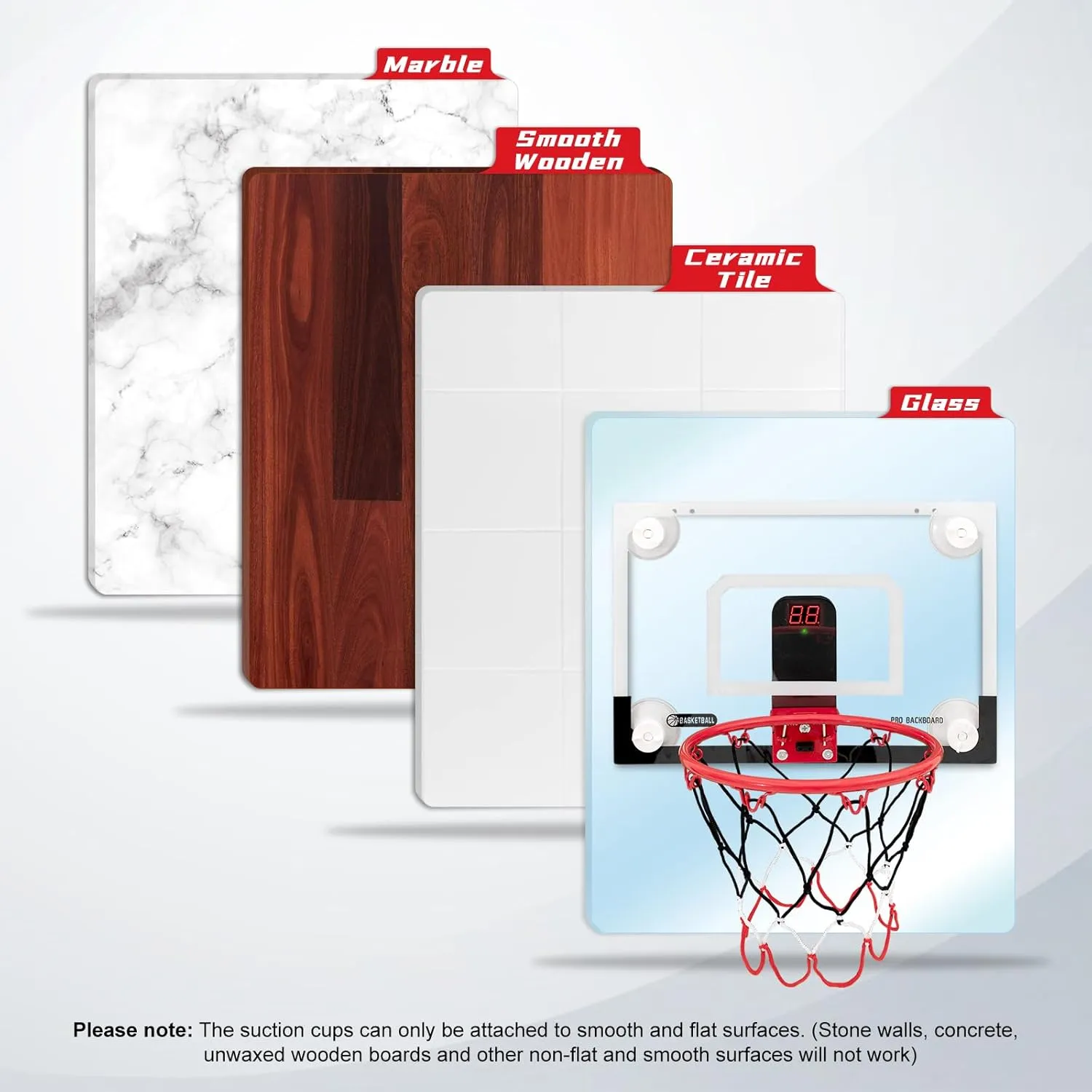 BOHEN Indoor Mini Basketball Hoops with Powerful Suction Cup, Stick to Windows, Wooden Doors, Smooth Walls - Basketball Backboard Toy Indoor Bedroom Office for Kids Teens Adults