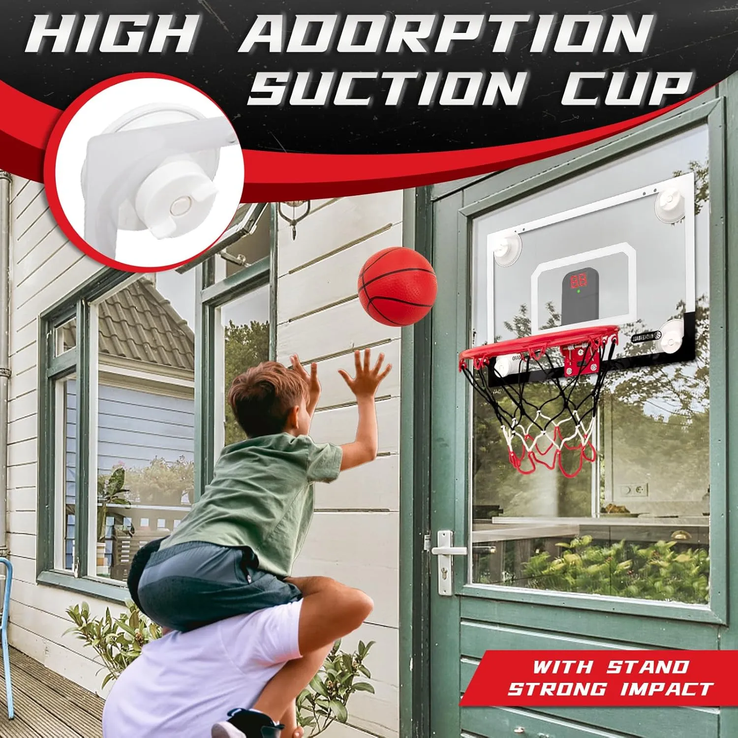 BOHEN Indoor Mini Basketball Hoops with Powerful Suction Cup, Stick to Windows, Wooden Doors, Smooth Walls - Basketball Backboard Toy Indoor Bedroom Office for Kids Teens Adults