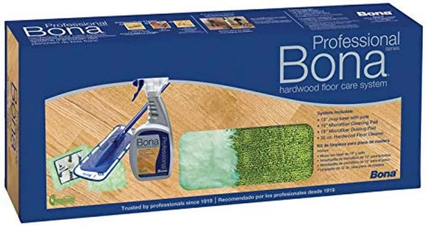 Bona WM710013398 Kit, Mop 15" Pro W/Pads Pole & 32Oz Hardwood Clnr, Blue