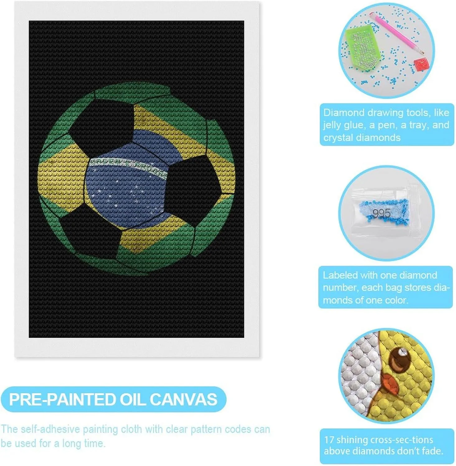 Brazil Soccer Ball with Brazilian Flag Diamond Art Painting Kits Craft for Home Wall Decor for Adults DIY Gift 8"x12"