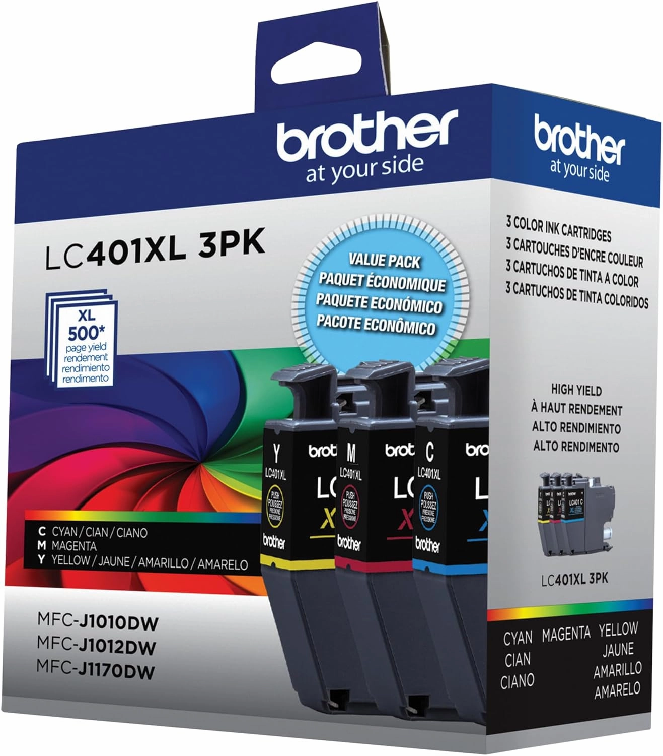 Brother Genuine LC401XL 3PK High Yield 3-Pack Color -Ink -Cartridges Includes 1- -Cartridge Each of Cyan, Magenta and Yellow -Ink.