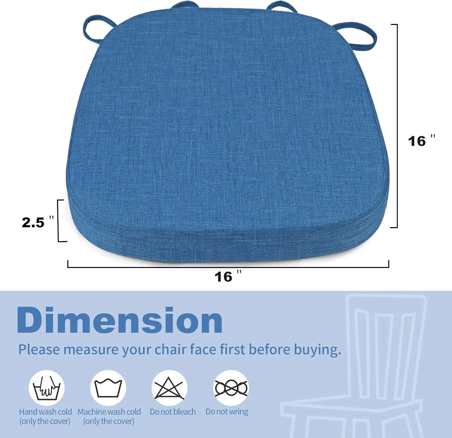 BUYUE Thickened 2.5" Original Linen Dining Chair Cushion, U-Shape High Density Foam Comfortable Chair Pad for Kitchen, Slip Resistant Indoor Seat Cushion (1 Piece, Dark Blue)