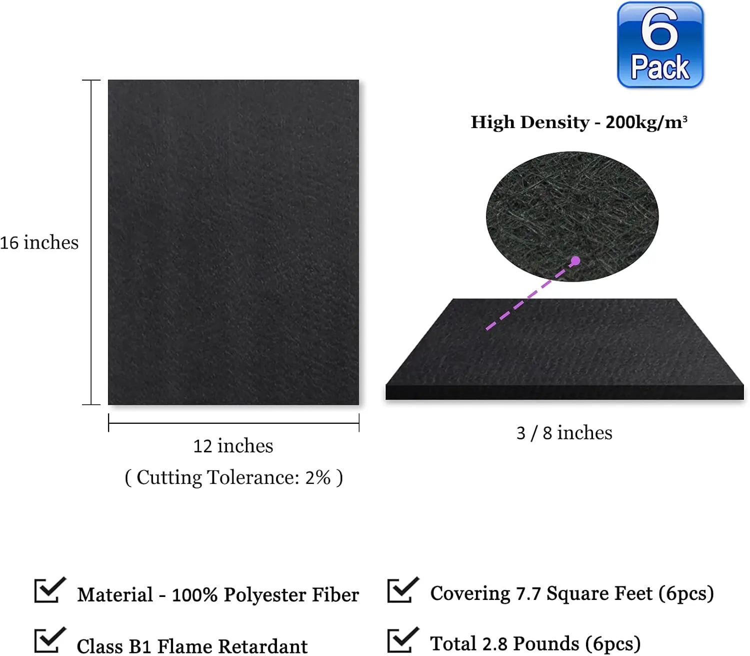 BXI Sound Absorber - 16 X 12 X 3/8 Inches 6 Pack High Density Acoustic Absorption Panel, Sound Absorbing Panels Reduce Echo Reverb, Tackable Acoustic Panels for Wall and Ceiling Acoustic Treatment