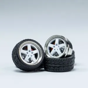 CHENZHIZHAO 1/64 Wheels and Tires Set, Die-Cast Model Car Alloy Rubber Bearing Silky Wheel,Diameter 0.43 in, Hot Wheel DIY Modification Replacement Parts 4 Sets/Pack (White-Y)