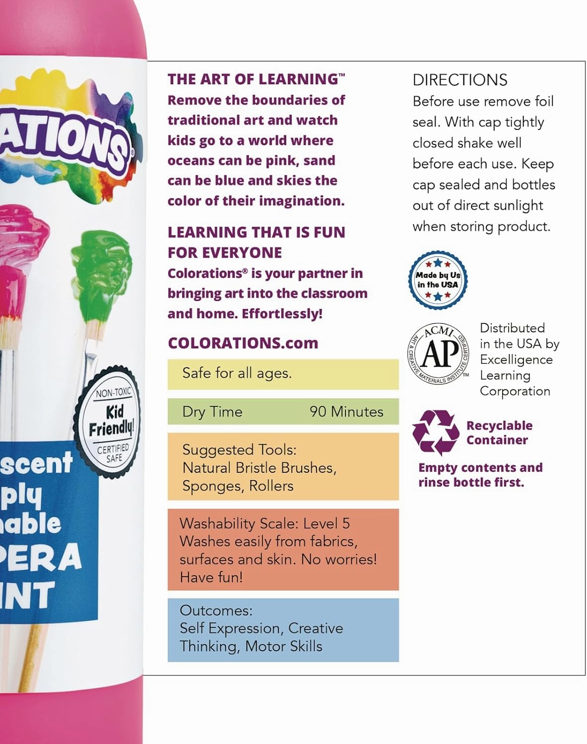 Colorations Simply Washable Tempera Paint, Rainbow Plus 8 Pack, Matte Finish, Classroom Supplies, Vibrant Colors, Non Toxic, Washes Off Easily, School, Craft, Art Supply Set, 16 oz Bottles