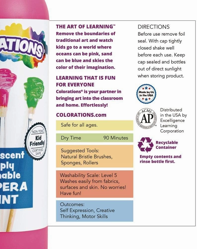 Colorations Simply Washable Tempera Paint, Rainbow Plus 8 Pack, Matte Finish, Classroom Supplies, Vibrant Colors, Non Toxic, Washes Off Easily, School, Craft, Art Supply Set, 16 oz Bottles
