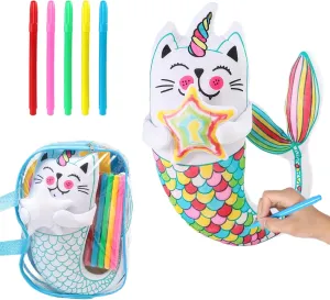 Coloring Plush Toy with 5 Washable Markers for Little Girls Doodle Dolls for Kids Ages 4-6 Birthday Christmas Presents (Fish Cat)