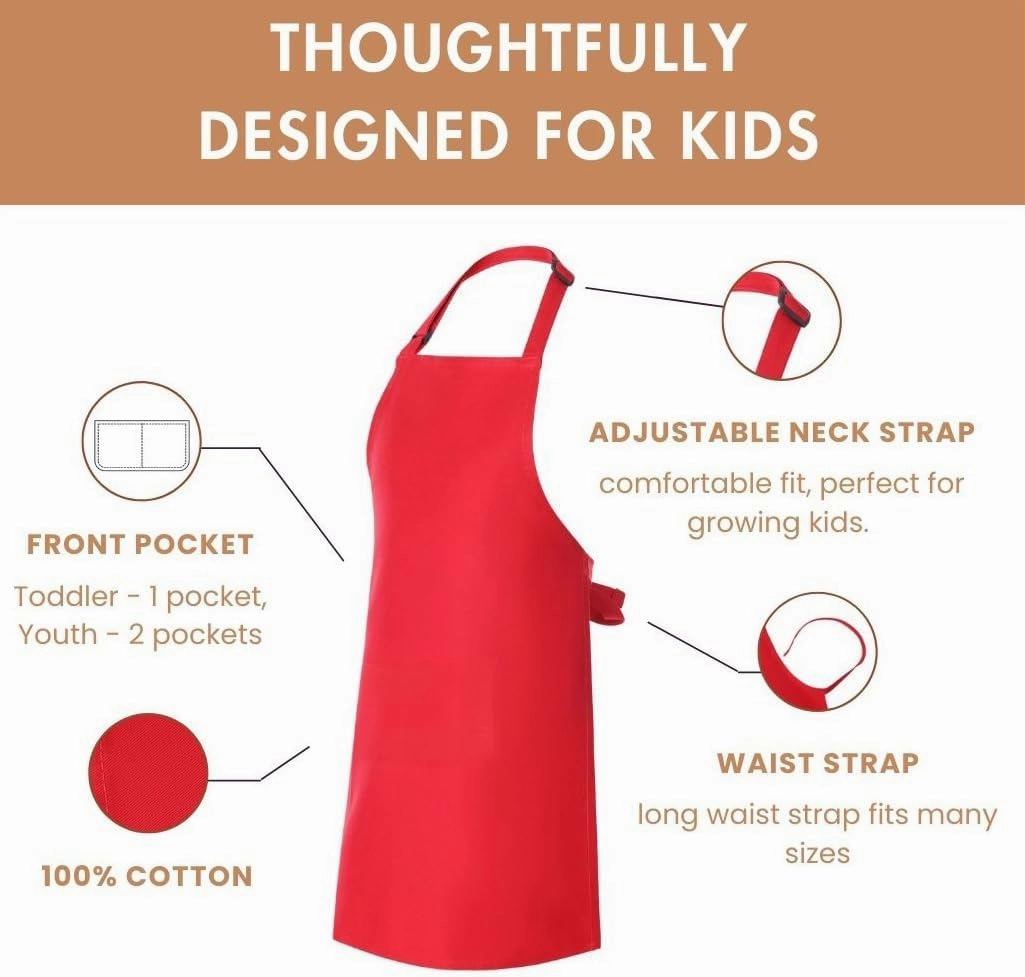 Cooking Apron for Kids, Cotton Apron with Pocket and Chef Hat Set