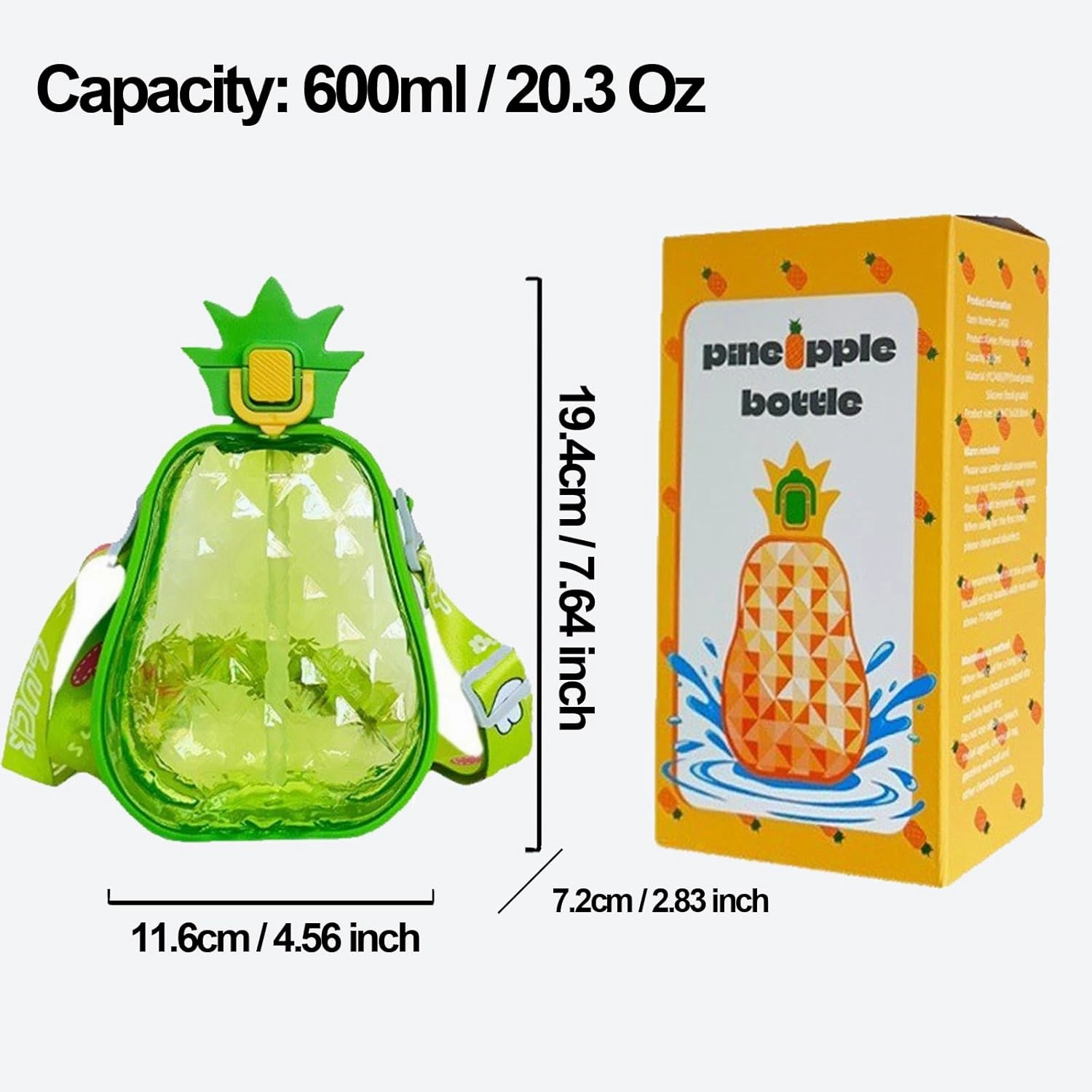 Cute Pineapple Plastic Water Bottle with Straw,600 ML Creative Pineapple Shape Juice Bottle with Adjustable Shoulder Strap,BPA Free Leakproof Drinking Bottle for Travel Outdoor Sports (Green)