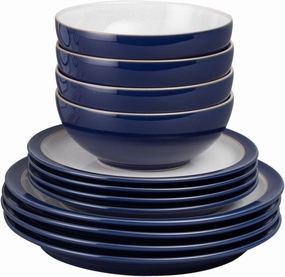 Denby Elements Dark Blue Dinner Set - 4/12 Piece Ceramic Tableware - Dishwasher & Microwave Safe - 4 Dinner Plates, 4 Medium Plates, 4 Cereal Bowls