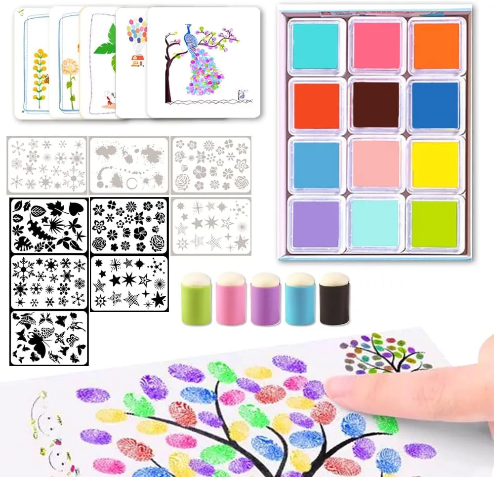 Diy Sponge Finger Painting Kit with 12/24 Colors Ink Pad, 5 Finger Sponge Daubers, 9 Stencils, 30 Drawing Card - Funny Toddler Fingers Paint Set Colourful Painting Supplies for Craft Art Card Making (12 Colors)