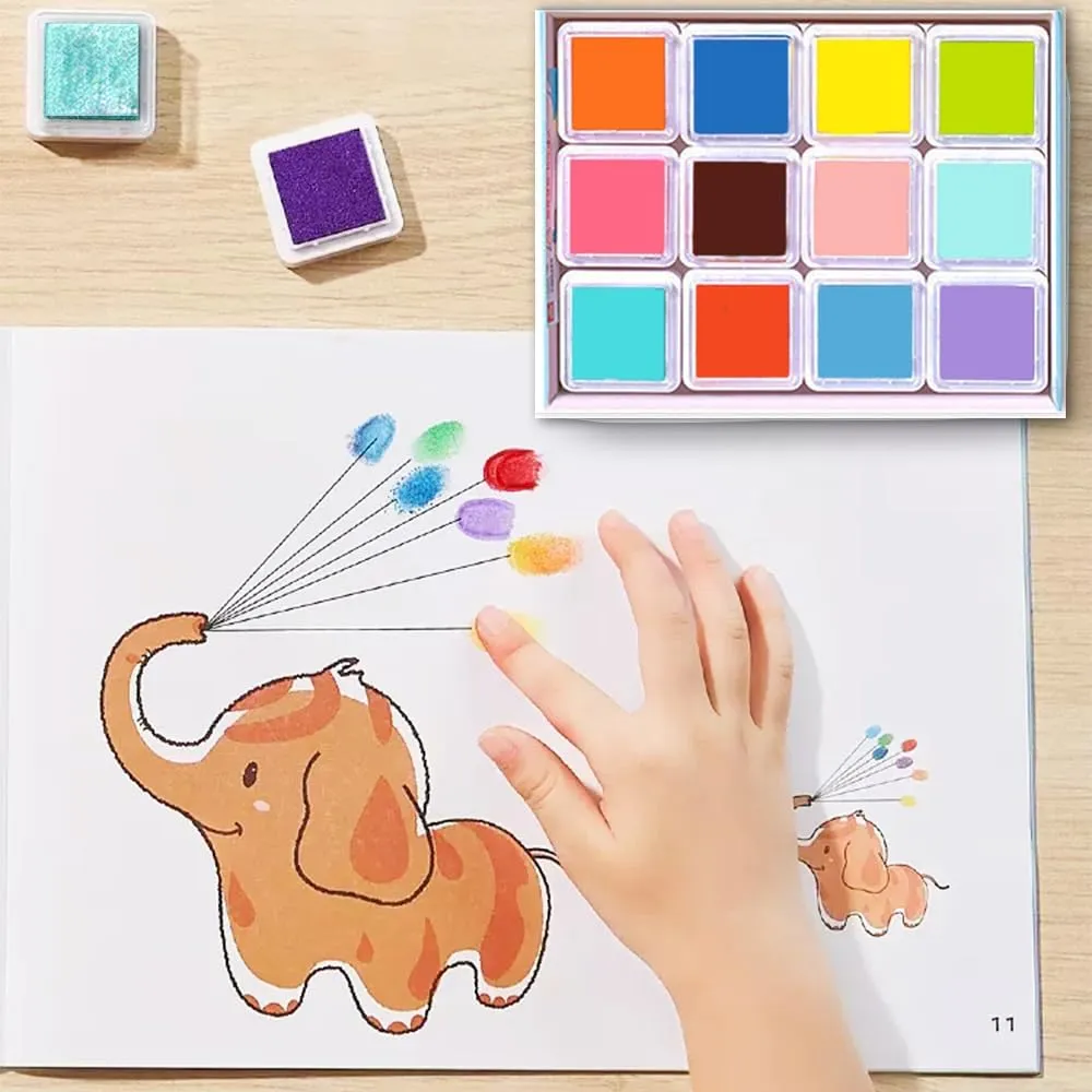 Diy Sponge Finger Painting Kit with 12/24 Colors Ink Pad, 5 Finger Sponge Daubers, 9 Stencils, 30 Drawing Card - Funny Toddler Fingers Paint Set Colourful Painting Supplies for Craft Art Card Making (12 Colors)