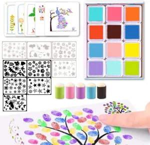 Diy Sponge Finger Painting Kit with 12/24 Colors Ink Pad, 5 Finger Sponge Daubers, 9 Stencils, 30 Drawing Card - Funny Toddler Fingers Paint Set Colourful Painting Supplies for Craft Art Card Making (12 Colors)