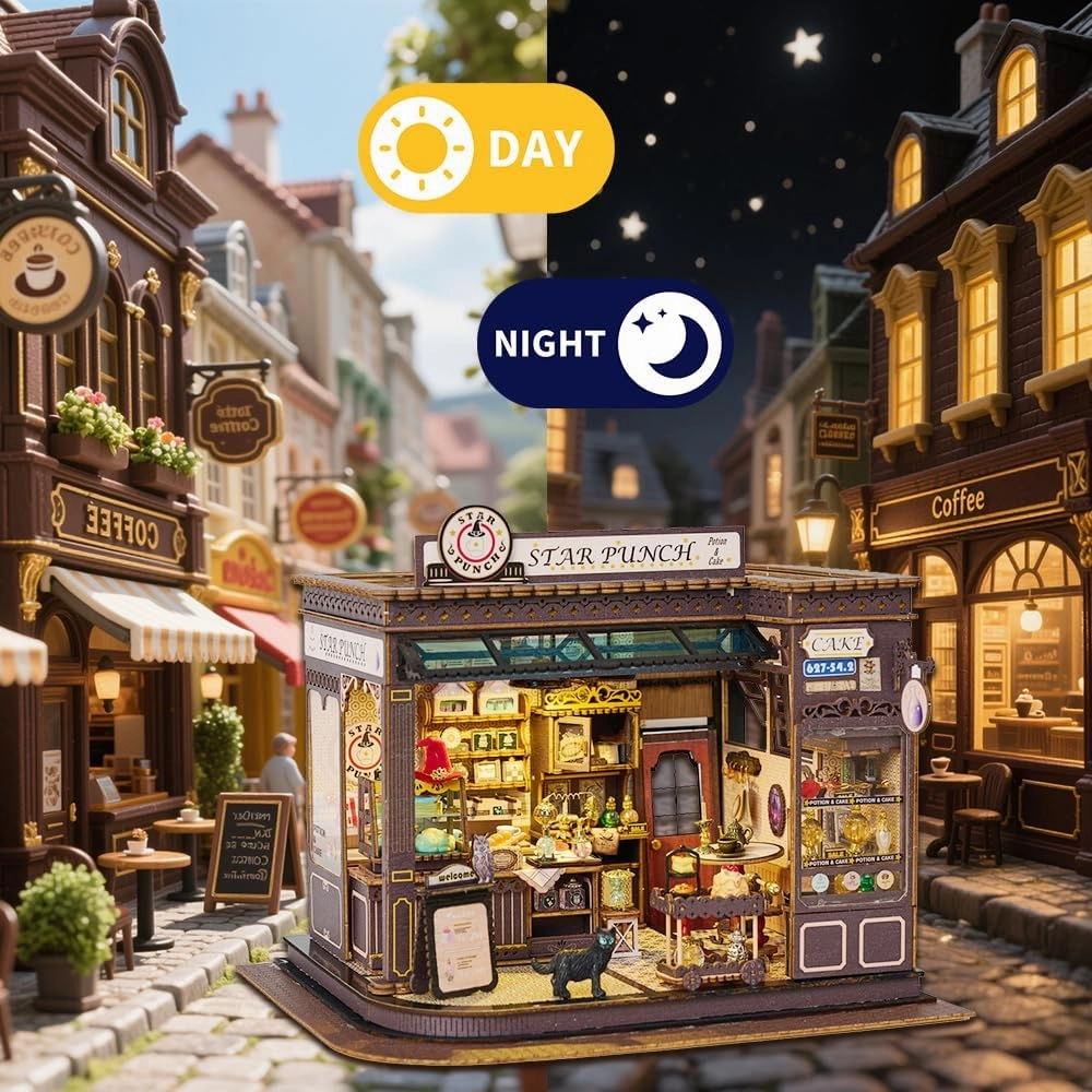 DIY Miniature Dollhouse Kit Tiny House Crafting Set with Mini Furniture and Accessories with LED Light, Ideal Handmade Creative Projects (Magic Coffee Shop)