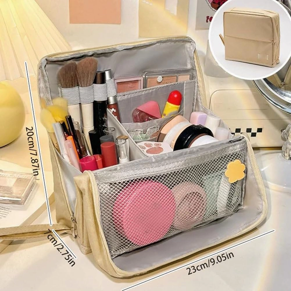 Doresty Makeup Bag, Large Capacity Standing Make up Bags, Multifunctional Waterproof Cosmetic Organizer, Multi-purpose Portable Oxford Handbag with Compartments for Travel Work Home(Black)