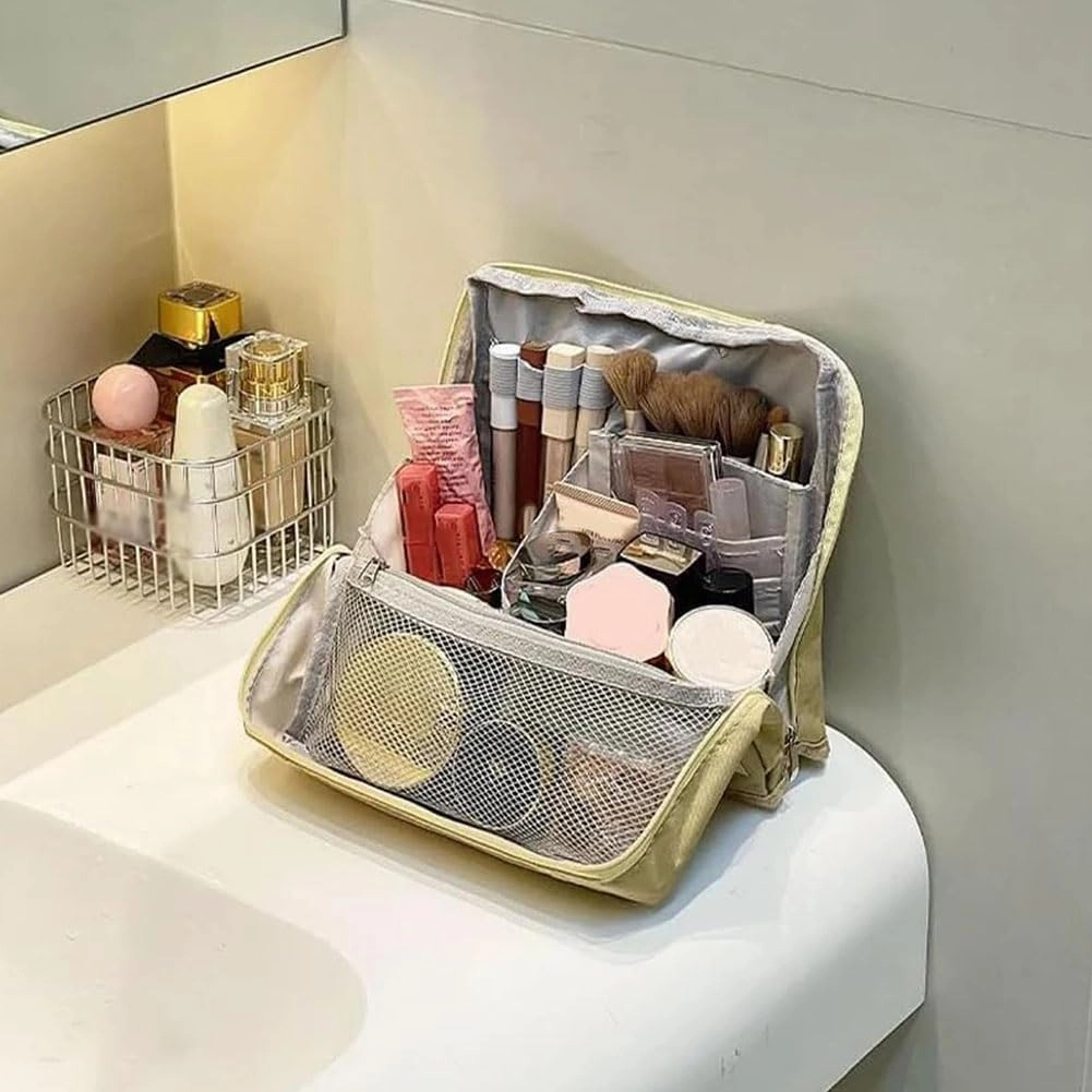 Doresty Makeup Bag, Large Capacity Standing Make up Bags, Multifunctional Waterproof Cosmetic Organizer, Multi-purpose Portable Oxford Handbag with Compartments for Travel Work Home(Black)