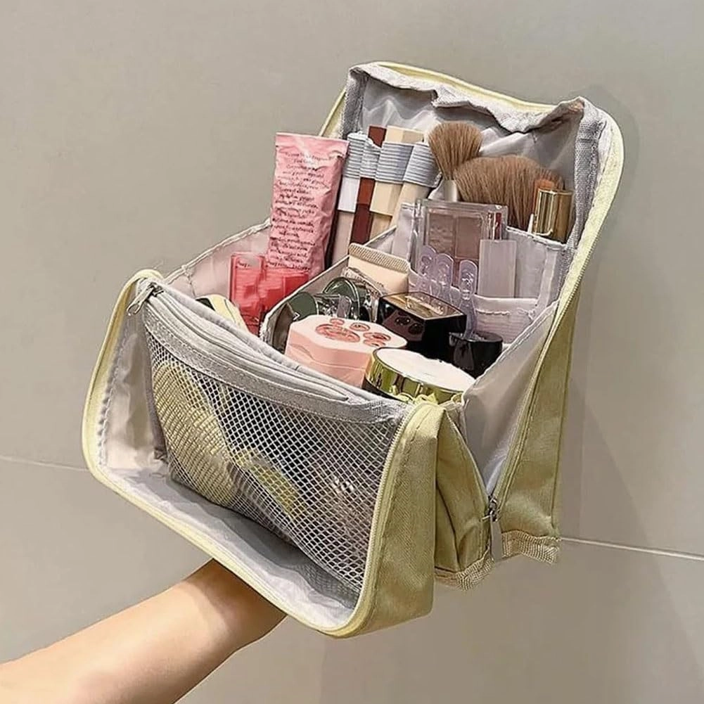 Doresty Makeup Bag, Large Capacity Standing Make up Bags, Multifunctional Waterproof Cosmetic Organizer, Multi-purpose Portable Oxford Handbag with Compartments for Travel Work Home(Dark Blue)