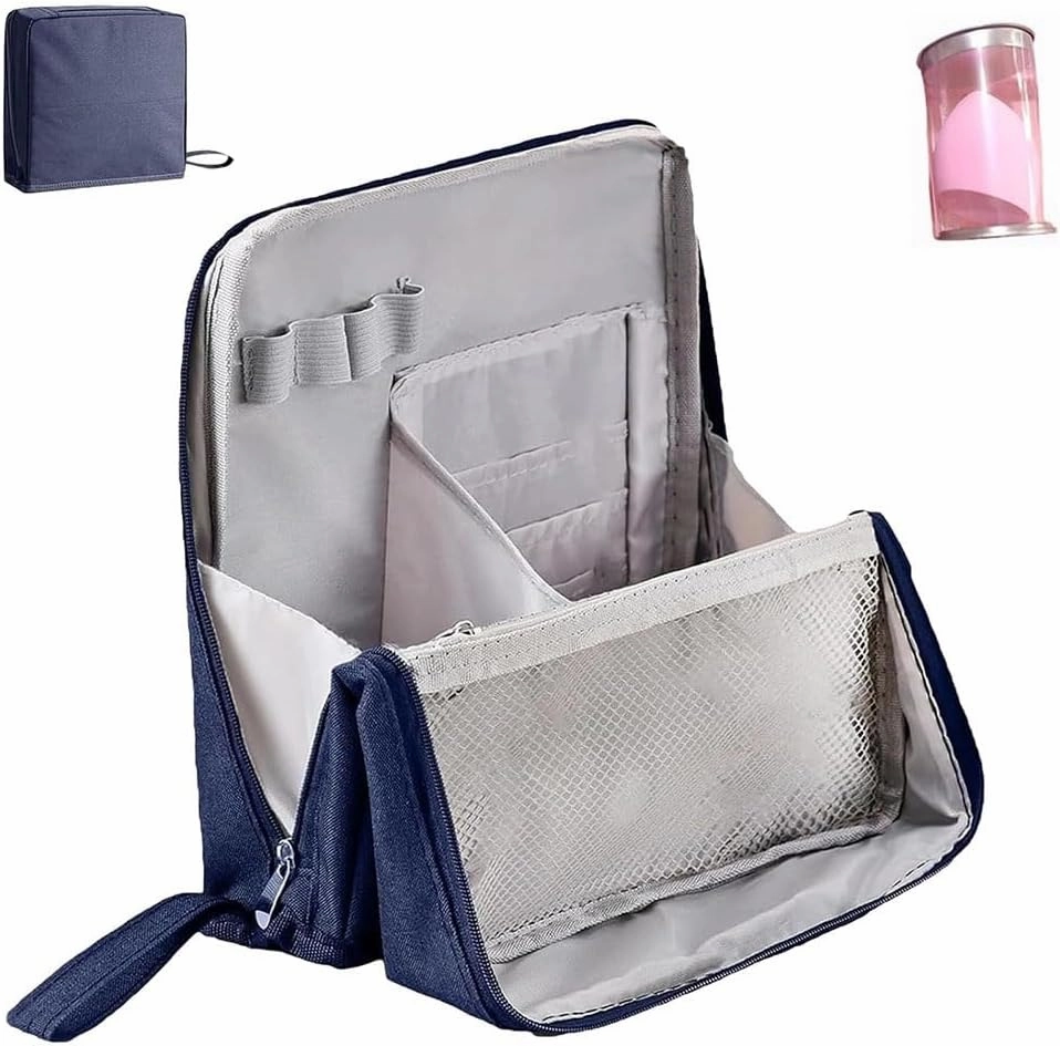 Doresty Makeup Bag, Large Capacity Standing Make up Bags, Multifunctional Waterproof Cosmetic Organizer, Multi-purpose Portable Oxford Handbag with Compartments for Travel Work Home(Dark Blue)