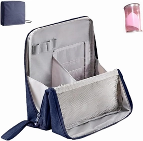 Doresty Makeup Bag, Large Capacity Standing Make up Bags, Multifunctional Waterproof Cosmetic Organizer, Multi-purpose Portable Oxford Handbag with Compartments for Travel Work Home(Dark Blue)