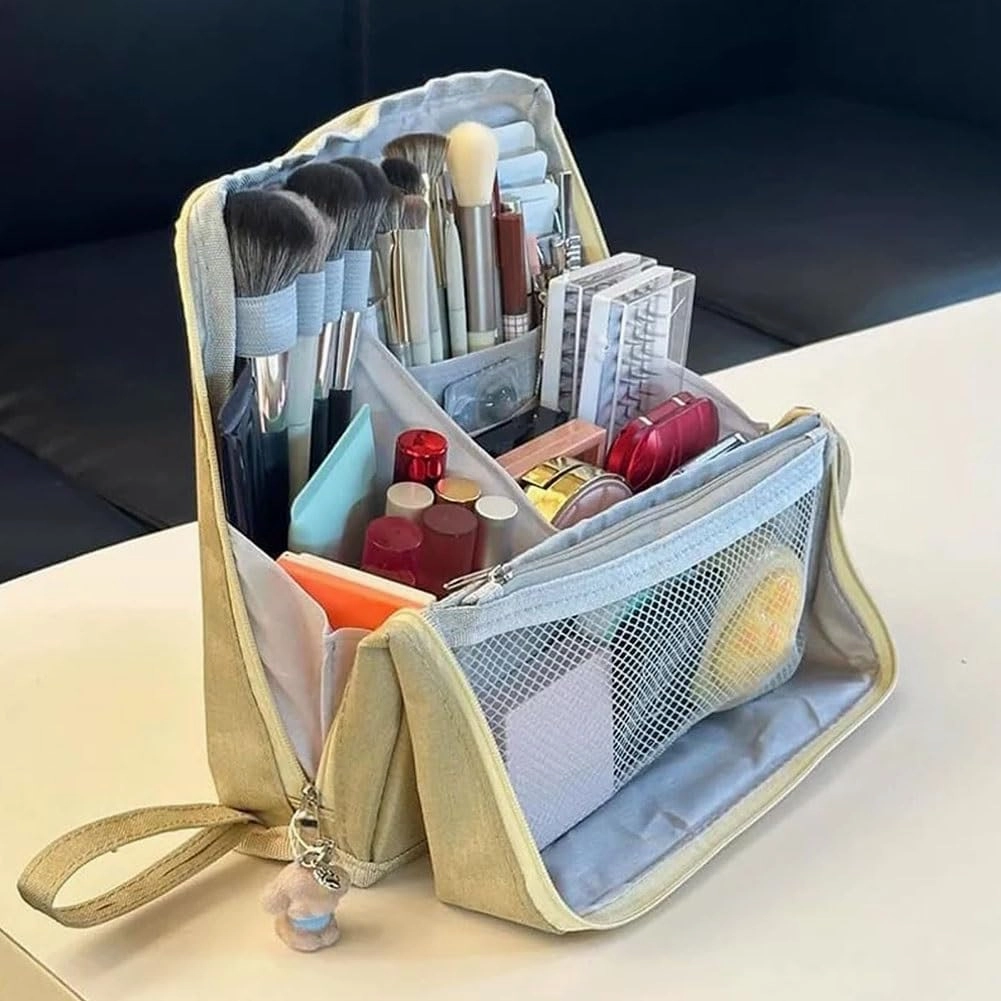 Doresty Makeup Bag, Large Capacity Standing Make up Bags, Multifunctional Waterproof Cosmetic Organizer, Multi-purpose Portable Oxford Handbag with Compartments for Travel Work Home(Dark Blue)