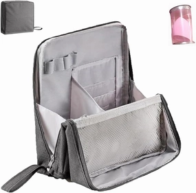 Doresty Makeup Bag, Large Capacity Standing Make up Bags, Multifunctional Waterproof Cosmetic Organizer, Multi-purpose Portable Oxford Handbag with Compartments for Travel Work Home(Gray)